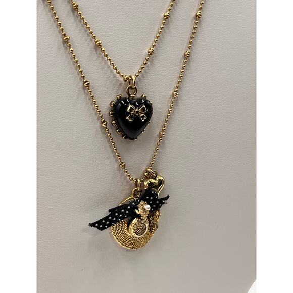 Betsey Johnson Double strand Beaded Chain Sunhat Black Bow‎ Heart Necklace - Picture 3 of 9